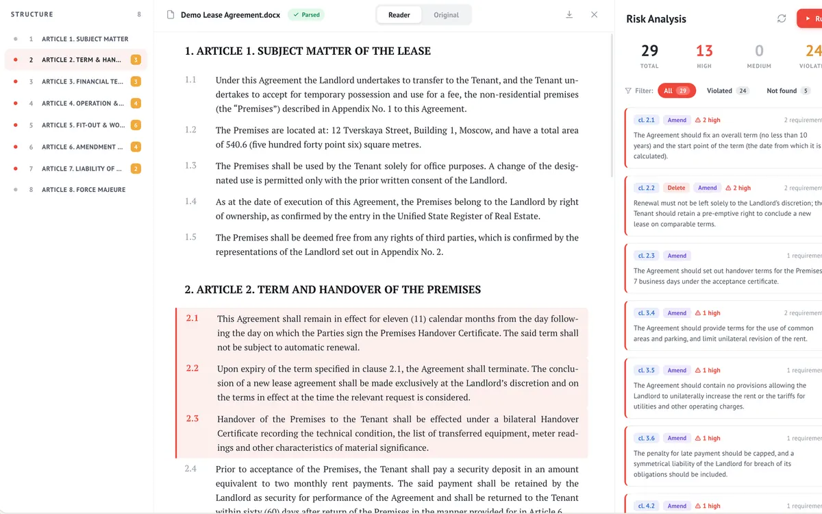 Contract risk review interface